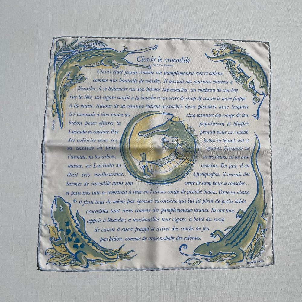 Hermes Clovis Le Crocodile  silk pocket square/pochette 42 cm